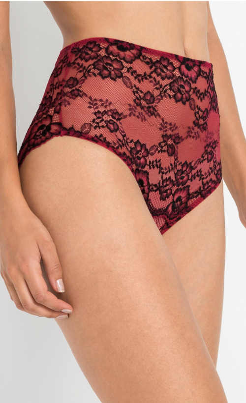Vysoké červeno-černé celokrajkové dámské kalhotky Bonprix